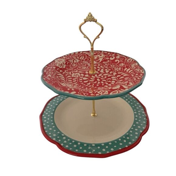 The Pioneer Woman Other - PIONEER WOMAN CUPCAKE DESSERT STAND 2-TIER Travelling Vines Teal White Dots NWOT